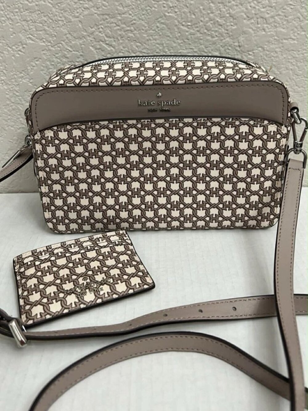 Kate Spade NY Taupe / Cream Link Camera Crossbody Bag + Card Holder